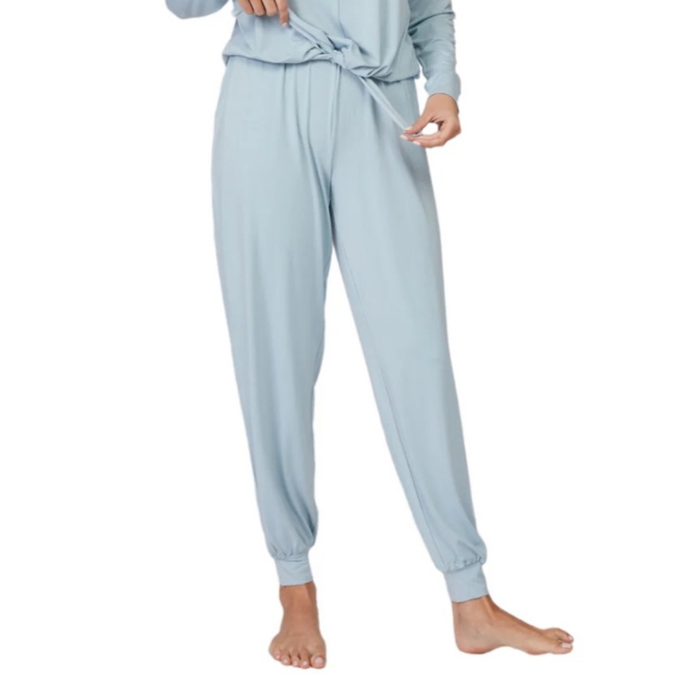 Pure Fiber Womens Blue Bamboo Knit Joggers High Rise Pull On Size Medium Pockets